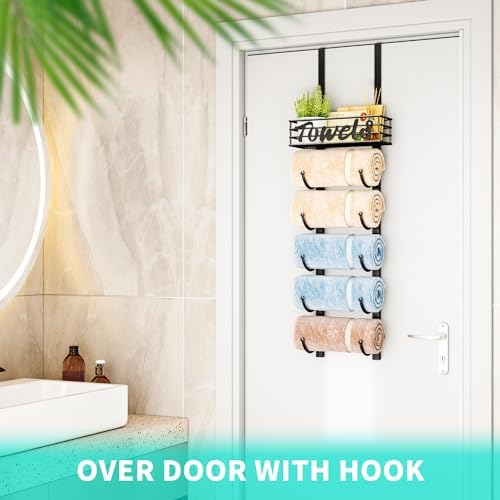 HapiRm Towel Racks for Bathroom Storage - 6 Tier Over The Door & Wall Mount Rolled Towel Storage Organizer Holder with Metal Shelf Basket for Small Bathroom, Camper, Rv - Black, Patented - Image 4