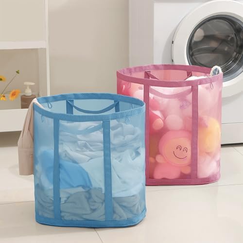 Mesh Bag with Handles, Collapsible Laundry Basket, Foldable Laundry Bag, Breathable Folding Beach Bag,Space-saving Travel Tote Bags (2, Blue&Pink) by HGZBS