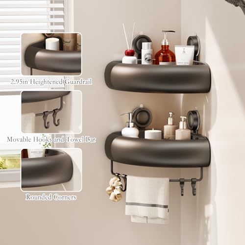 CICUFY Shower Caddy Suction Cup, 2 Pack No Drilling Corner Shower Shelves, Rust Proof Bathroom Storage Organizer, Shower Corner Caddy with Removable Hooks and Towel Bar, Triangle, Grey - Image 4