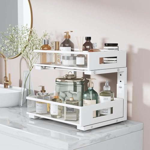 Under Sink Organizer, 2-Tier Dual Pull Out Cabinet Organizer Drawers With Smooth Circular Rail, Large Capacity Metal Mesh Sliding Shelves For Bathroom& Kitchen Storage,Height Adjustable–White,1 Pack - Image 3