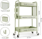 TOOLF 3 Tier Rolling Cart, Metal Utility Storage Cart with Pegboard, Green | 2 Bins & 4 Hooks, Screwless Assembly, Lockable Wheels, Trolley Organizer for Bathroom, Kitchen, Office, Dorm, Craft Room - Image 6