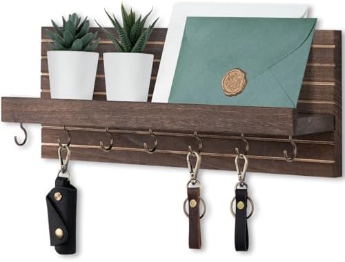Lwenki Decorative Key Holder for Wall with Shelf, Entryway Shelf with Hooks Holds Leashes, Jackets and Glasses – Sturdy Wood Keyholder Entrance Hanger with Mounting Hardware (Brown, Large) by Lwenki