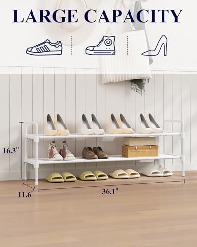 Kitsure Long Shoe Rack for Closet, 36.1" Wide - 2 Tiers, White | Shoe Organizer for Front Door Entrance, Stackable Shoe Shelf, Closet Organizers and Storage - Image 2
