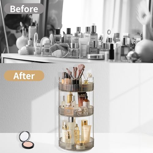 Asayuee 360 Rotating Makeup Organizer,3 Tier Large Capacity Make Up Organizers and Storage,Skincare Perfume Vanity Organizers,Bathroom Cosmetics Storage Organizer Countertop(Grey) - Image 5