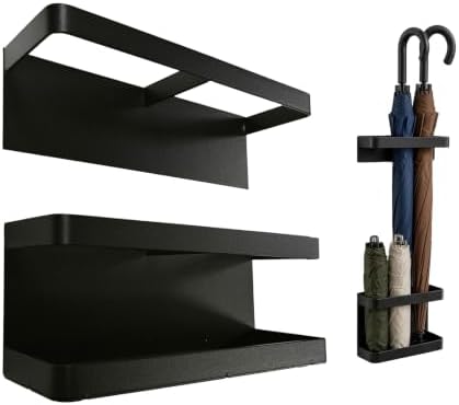 Metal Wall Mounted Umbrella Storage, Umbrella Holder for Entryway, Space Saving Wall Umbrella Rack with Built In Water Tray, Black Metal Umbrella Organizer for Home Office Foyer by Unknown