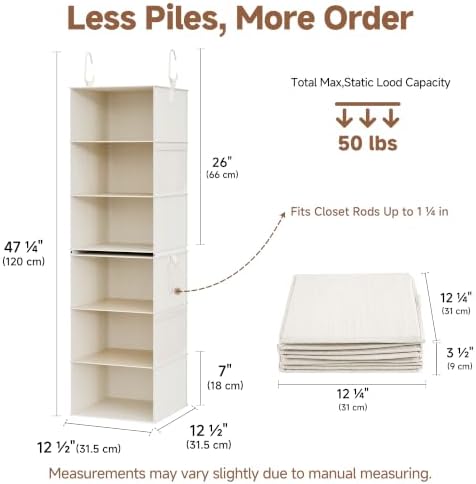 StorageWorks Hanging Closet Organizer, 6-Shelf with 2-in-1 Design, Ivory | Maximize Closet Space with Reinforced Shelves, Small Closet Storage Solution for Bedrooms, Dorms and RVs - Image 3