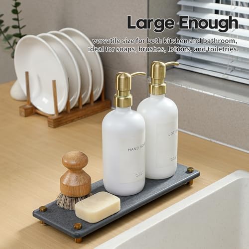 Kitchen Sink Caddy Water Absorbing Stone Drying Tray, Diatomite Bathroom Sink Organizer, Faucet Counter Mat Coaster, Soap Dish Rack Riser Dispenser Sponge Holder, Dark Gray Gold -12.5" x 4.5" - Image 7