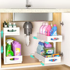 Under Sink Organizer, 2 Pack 2 Tier Metal Slide Out Pull Out Cabinet Organizer Shelf, Height Adjustable Organization and Storage Series, Bathroom/Desktop/Cabinet/Kitchen organization, White by Beleeb