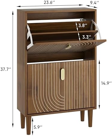 Smuxee Shoe Cabinet with 2 Flip Drawers, 23.6" Walnut Hidden Shoe Storage Cabinet with Line Groove Design, Freestanding Shoe Organizer Cabinet for Entryway, Hallway, Living Room - Image 2