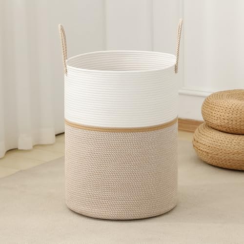 Laundry Basket Hamper Tall Rope Storage Woven for Blanket toys Dirty Clothes in Living Room Bathroom Bedroom (Blend White & Camel, 60L/15.8Gal) by AMTOTAM