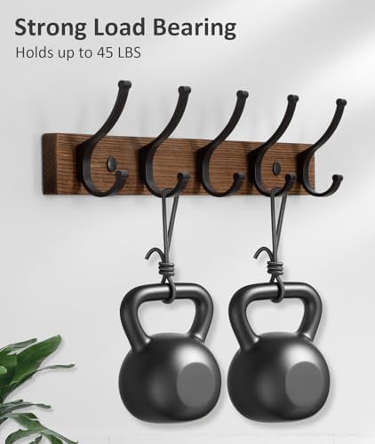 Optish Coat Rack Wall Mount, 16.5 Inches Wood Coat Hooks Wall Mount, Wall Coat Rack with 5 Hooks, Hat Rack Wall Hooks for Hanging Coat, Bag, Towel (2Pack, Brown) - Image 2