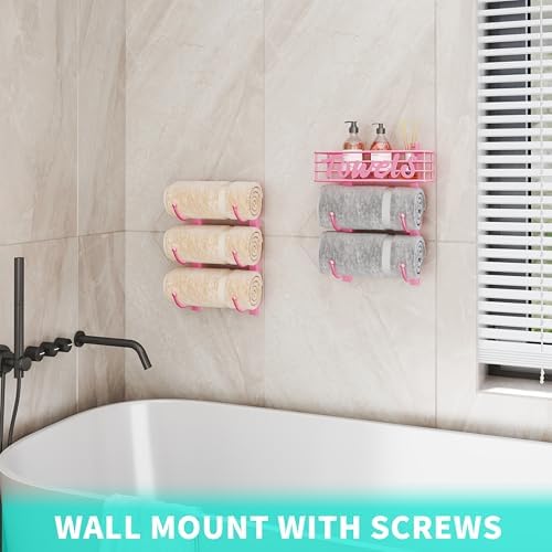 HapiRm Towel Racks for Bathroom Storage - 6 Tier Over The Door & Wall Mount Rolled Towel Storage Organizer Holder with Metal Shelf Basket for Small Bathroom, Camper, Rv - Pink, Patented - Image 5