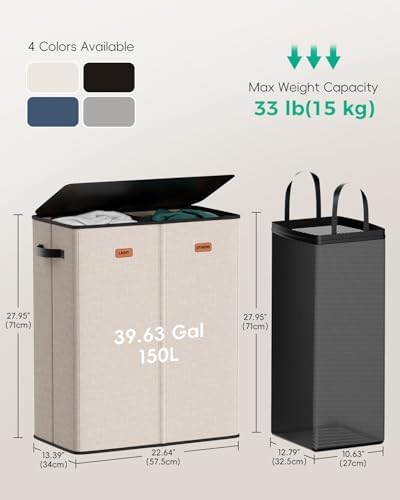 150L 2-Section Laundry Hamper with Lid – Removable Bag, Double Compartment Clothes Hamper for Bathroom, Bedroom, Dorm & Laundry Room - Image 3