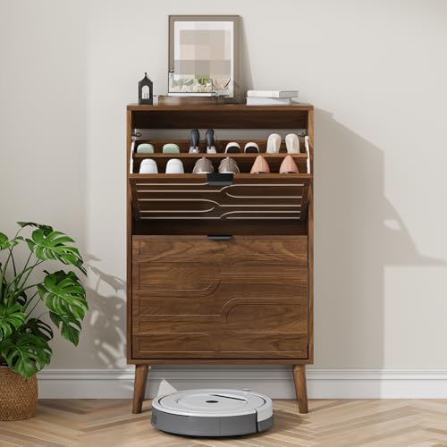 Shoe Cabinet Storage for Entryway with 2 Flip Drawers, Narrow Shoe Cabinet for Entryway, Hidden Slim Shoe Organizer Rack Cabinet (Brown, 23.6" W) by Morwdxef