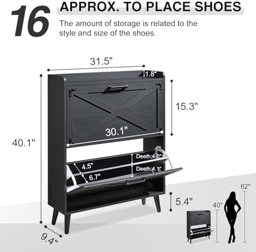 Barnyatoh Farmhouse Shoe Storage Cabinet with 2 Flip Drawers & Barn Door - Image 2