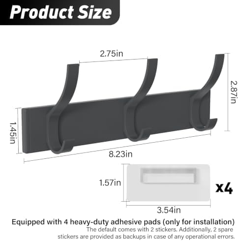 Grey 3-Hook Wall Coat Rack – Modern Metal Hanging Track, No-Drill Adhesive Mount, Space-Saving Entryway Organizer for Jackets, Hats & Bags, Perfect for Bathroom, Bedroom, Hallway (2-Pack) - Image 2