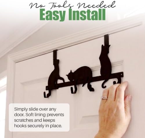 Evelots Over The Door 4 Hook Towel/Coat Rack Hanger Organizer, Kitty Cat Design-Easy No Tool Installation-Black Iron-Holds 20 lbs. - Image 3