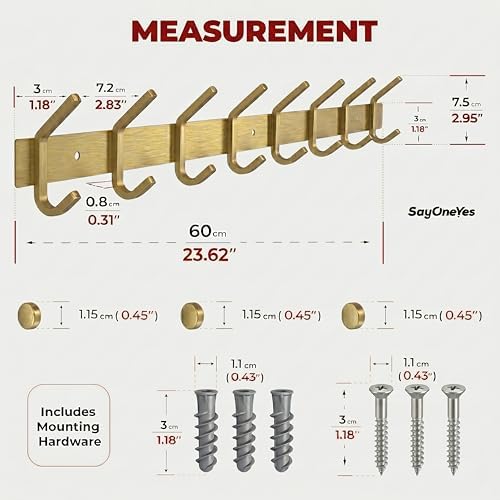 Brushed Gold Wall Mounted Coat Rack – 24 Inch Stainless Steel Rail with 8 Double Coat Hooks for Entryway, Bathroom, Bedroom, Kitchen – Modern Gold Hook Rack for Coats, Hats, Towels - Image 2