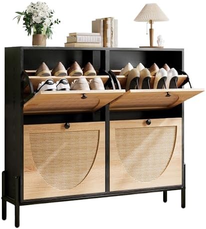 IRONCK Rattan Shoe Cabinet Storage with 4 Flip Drawers, Black by IRONCK