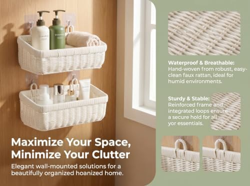 Wicker Hanging Baksets, Plastic Organizer for Kitchen Pantry, Bathroom, Set of 2, White - Image 3