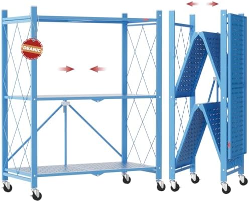 DEANIC 3 Tier Foldable Storage Shelves with Wheels, Kitchen Appliance Stand, Freestanding Metal Wire Shelf Rack, No Assembly Organizer Rolling Cart for Garage, Basement, Pantry(Blue) by ShowNow