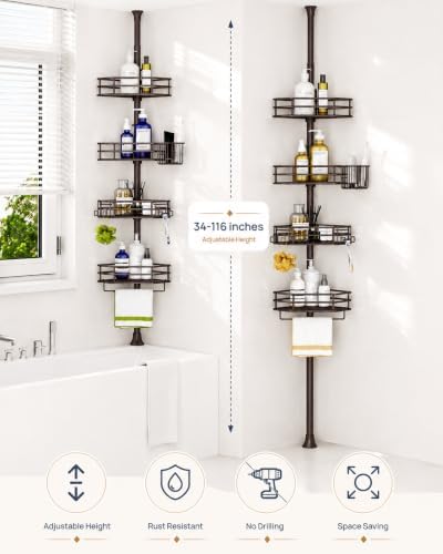 SEIRIONE Corner Shower Caddy Tension Pole, Quick Setup, Rust-Free Bathroom Shower Organizer Corner for Bathtub Shampoo Storage, 4-Tier Adjustable Shelf, Drill Free, Fits 34 to 116 Inch Height, Bronze - Image 2
