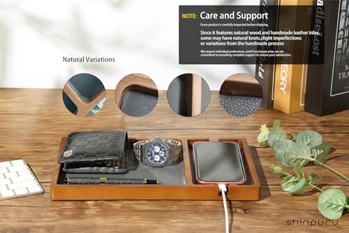 Shinpuru Wooden Valet Tray for Men, Nightstand Organizer with Leather Inlay, EDC Essentials Catchall Tray for Keys, Phone, Wallet, Watch, Earbuds - Bedside Desk Entryway Tray (Wood-Phone) - Image 4