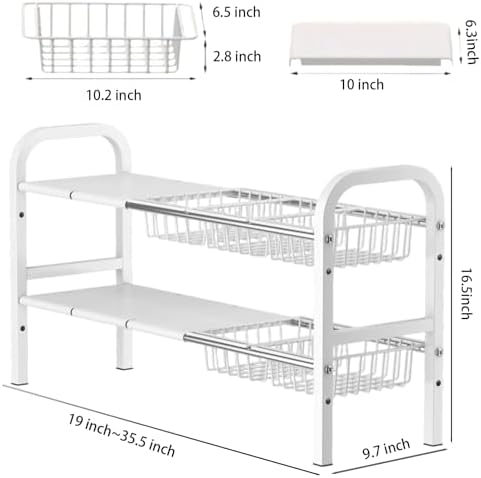 Under Sink Organizer，2 Tier Expandable Heavy Duty Metal Shelf，with 5 Removable Panels and 5 Storage Basket for Under Kitchen Bathroom Sink Organizers and Storage(White, Large) - Image 2