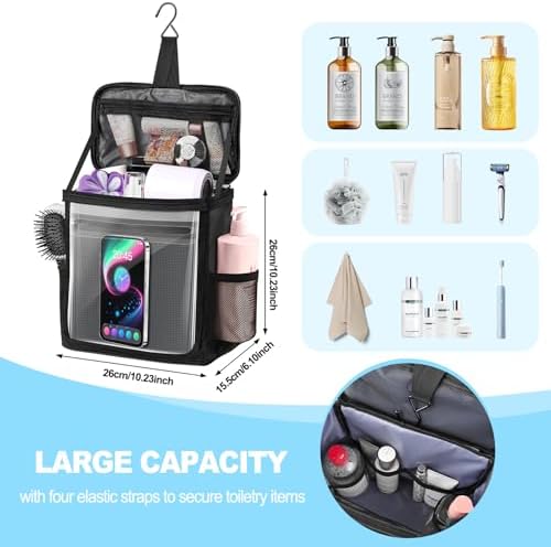 Hanging Shower Caddy Portable, Travel Toiletry Bag for Men & Women, Large Capacity with Hook,Dorm Room Essentials With Waterproof Phone Compartment, for Bathroom, Picnic, Gym, Travel(Black) - Image 2