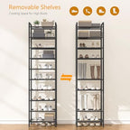 usikey 10 Tiers Narrow Shoe Rack 20-30 Pairs, Sturdy Metal Tall Shoe Rack Shelf with 4 Hooks, Slim Shoe Storage with Metal Shelf, Space Saving Vertical Shoe Organizer for Closet Entryway, Black - Image 6