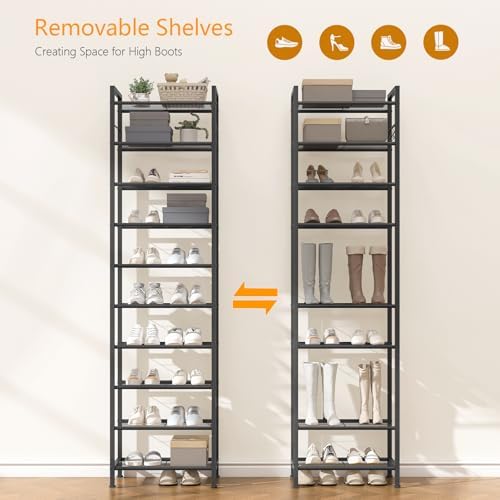 usikey 10 Tiers Narrow Shoe Rack 20-30 Pairs, Sturdy Metal Tall Shoe Rack Shelf with 4 Hooks, Slim Shoe Storage with Metal Shelf, Space Saving Vertical Shoe Organizer for Closet Entryway, Black - Image 6