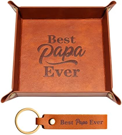 Haooryx 2Pcs PU Valet Tray Keychain Desktop Storage Organizer, Best Papa Ever Gift Brown PU Leather Catchall Tray Nightstand Caddy Holder for Keys Watch Phone Wallet Jewelry by Haooryx