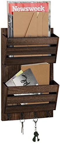 BTY Mail Holder for Wall, Wooden Mail Sorter with 4 Key Hooks, 2 Slot Wall Mounted Mail Sorter Letter Bills Newspaper Magazine Organizer for Entryroom Hallway Office Garage, Rustic Brown by BTY