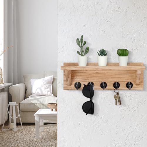 Lwenki Wall Key Holder, Rustic Shelf with Hooks Made of Paulownia Wood Holds Keys, Dog Leash, Bags and More - 13.7" W x 4.7" H x 3.5" D Decorative Key Hanger and Entryway Shelf - Image 4