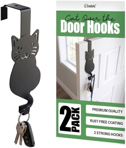 Evelots Over The Door Cat Hooks - 2 Pack - Strong Metal Kitty Decoration - Perfect for Coats, Handbags, Hats, Towels, Wreath Hanger Etc. - Hold up to 20 Pounds - Easy to Install - Rust Free by Evelots