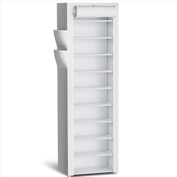 Kitsure 10-Tier Shoe Rack with Cover, Vertical Shelf, 17.5" Wide, White | Space Saving Shoe Storage with Side Pocket, Shoe Organizer for Closet, Entryway, Bedroom, Zapateras Organizer by Kitsure