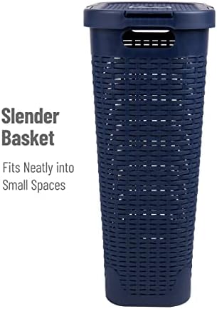 Mind Reader Slim Laundry Hamper with Lid, 40L Clothes Basket, Narrow Tapered Design with Ventilated Cutout Pattern, Plastic, Navy - Image 6
