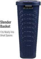 Mind Reader Slim Laundry Hamper with Lid, 40L Clothes Basket, Narrow Tapered Design with Ventilated Cutout Pattern, Plastic, Navy - Image 6