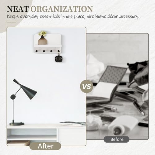 Nekon Key Holder for Wall with Shelf, Pine Wooden Key Hanger, White - Image 7