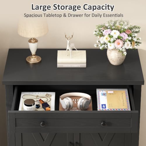 Farmhouse Shoe Storage Cabinet, 5-Tier High Boots Organizer with Adjustable Shelves, Large Drawer & Barn Doors, Entryway Shoe Rack for Hallway Living Room, Black - Image 5