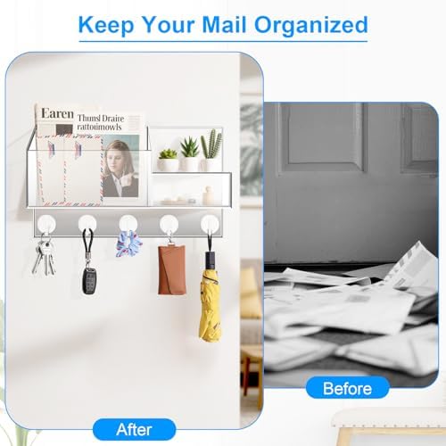 Acrylic Key Holder Wall Mount Mail Organizer for Wall with Shelf Storage Drawer and 5 Hooks, Clear - Image 6