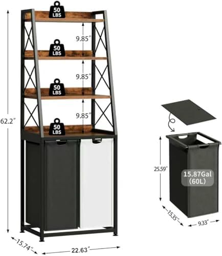 Herture Laundry Basket, 2 Section Laundry Hamper with 4 Tiers Shelf, Pull-Out and Removable Laundry Bags, Large 2 x 15.87 Gallons, for Bedroom Bathroom Rustic Brown PF11XLN - Image 3