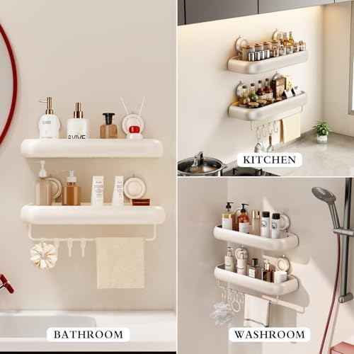 CICUFY Shower Caddy Suction Cup, 2 Pack No Drilling Corner Shower Shelves, Rust Proof Bathroom Storage Organizer, Shower Corner Caddy with Removable Hooks and Towel Bar, Square, Cream - Image 6