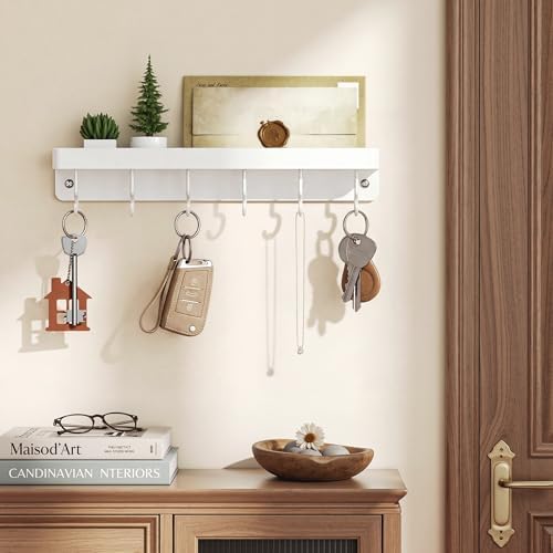 niffgaff White Key Holder Wall Mount, Stainless Steel Self Adhesive Hooks Rack with Shelf, No Drill Key Hanger for Door and Wall - Image 2