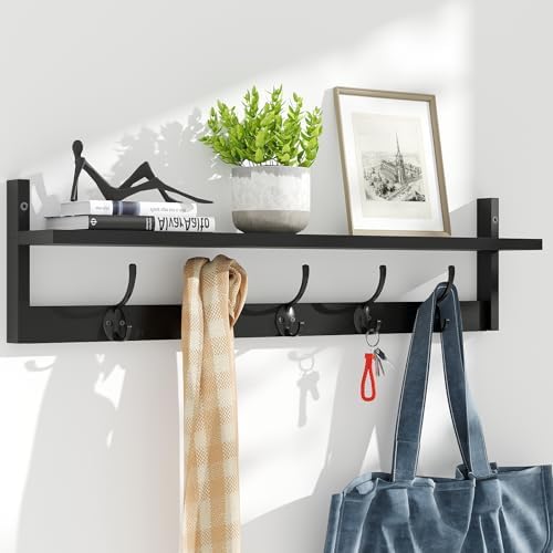 BAMEOS Wall-Mounted Shelf with Hooks - 28.9 Inch Entryway Hanging Shelf with 5 Dual Hooks for Bathroom, Living Room, Bedroom (Black) by BAMEOS