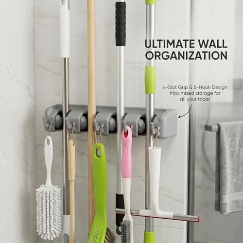 TOGU Mop and Broom Holder Wall Mounted 4 Position Storage Rack with 5 Retractable Hooks Holds up to 9 Tools Utility Weatherproof Holder for Garage Storage Systems Broom Organizer,Gray - Image 3