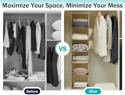 YOUDENOVA Hanging Closet Organizer and Storage, 6-Shelf, 2 Packs, Beige | Breathable Fabric, 2 Side Pockets, Clothes Organizer, Hanging Shelves, Closet Storage, College Dorm Room Essentials for Guys - Image 7
