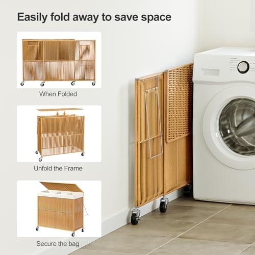 WOWLIVE Laundry Basket 3 Section, Handwoven Laundry Hamper with Wheels - Image 7