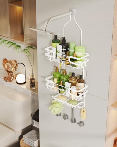 HapiRm Bathroom Hanging Shower Caddy - Rustproof Shower Shelf with 12 Hooks and 2 Soap Holders, No Drilling Bathroom Organizers and Storage - White - Image 7