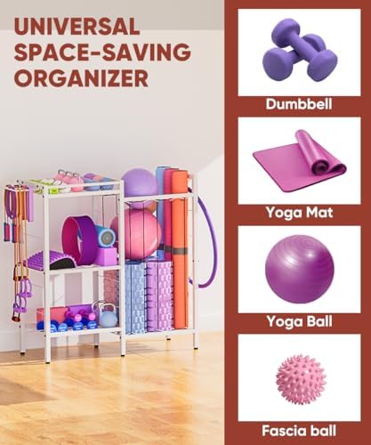 3 Tiers Dumbbells Yoga Mat Storage Rack with Elastic Straps for Kettlebells Foam Roller Resistance Bands Balls, Workout Equipment Organizer Weight Storage Holder with Hooks for Home Gym - Image 2
